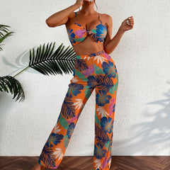 Plant Graphic Bikini Set with Cover Up Pant Swimsuit