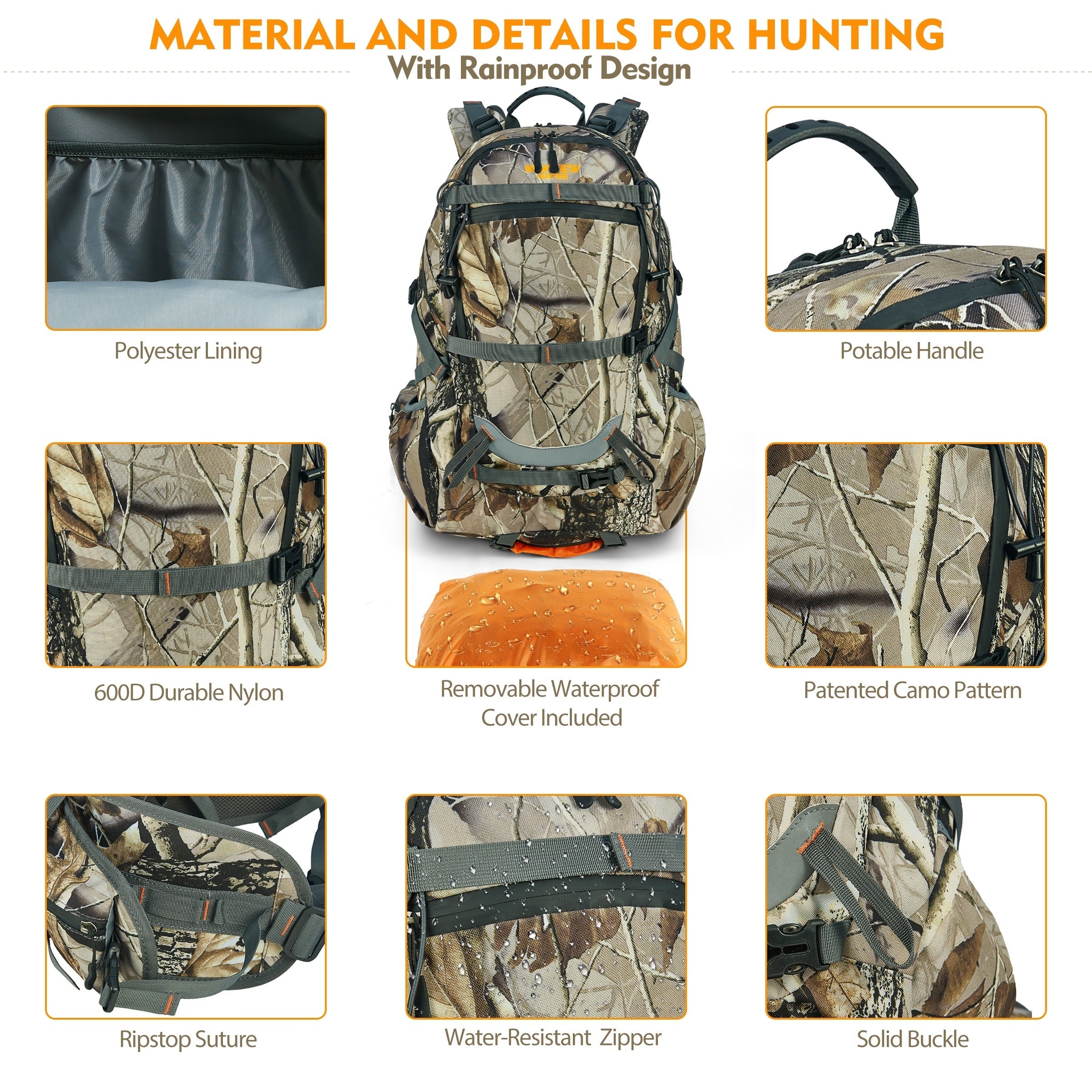 35L Waterproof Camo Backpack Large Capacity Bag for Men with Rain Cover