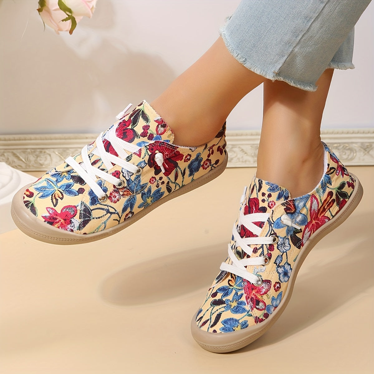 Flower Pattern Canvas Lace-Up Flat Sneakers for Women