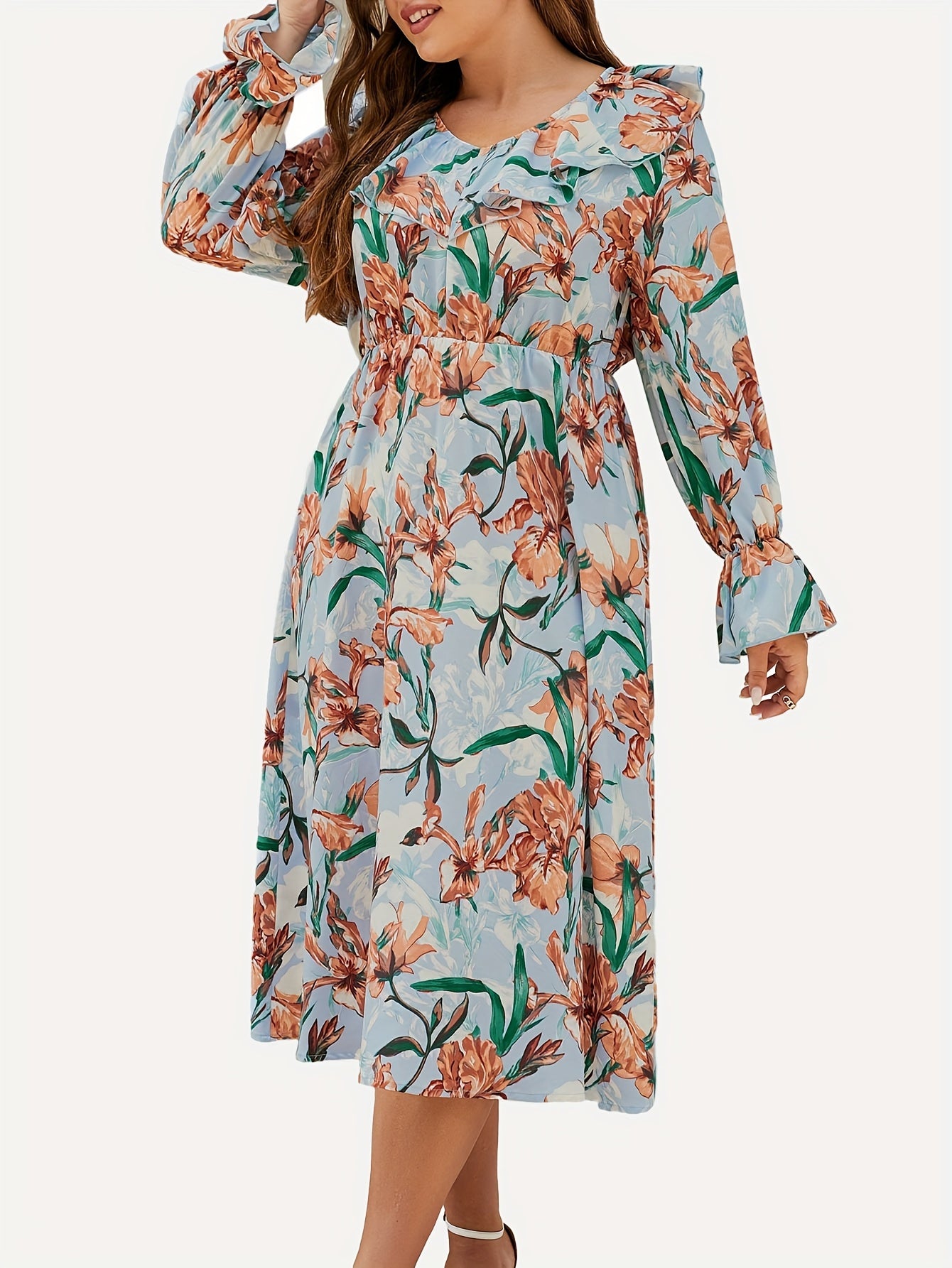 Floral Print Ruffle Sleeve V Neck Dress