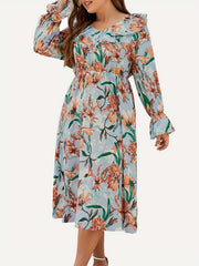 Floral Print Ruffle Sleeve V Neck Dress