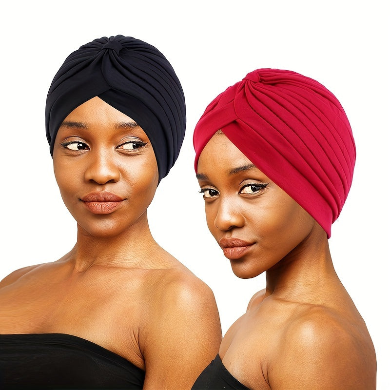 2pcs Pleated Turban Cap Head Wrap Elastic Hijab Hat Beanie Chemo Hats