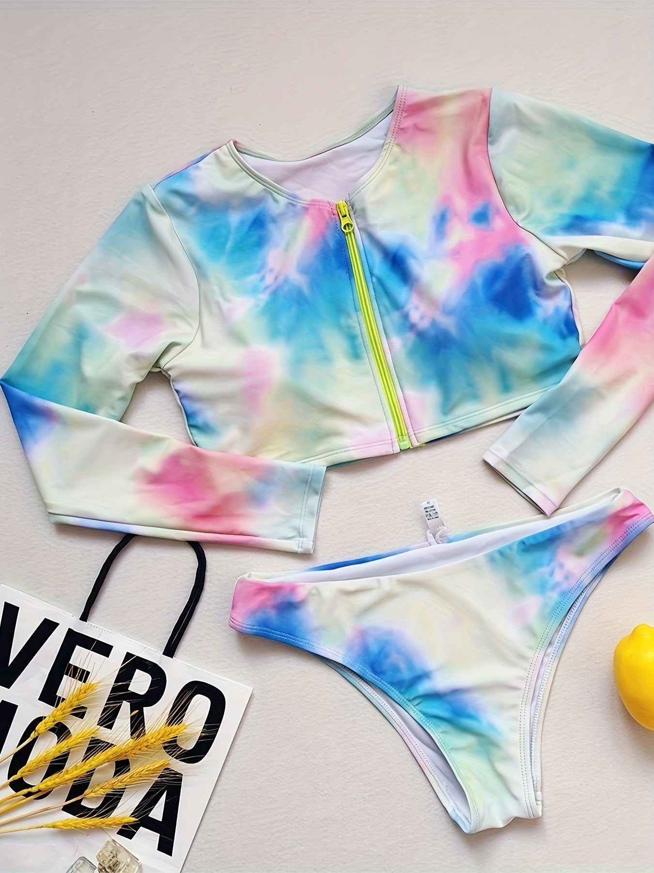 Tie Dye Long Sleeve Round Neck Tankini Set