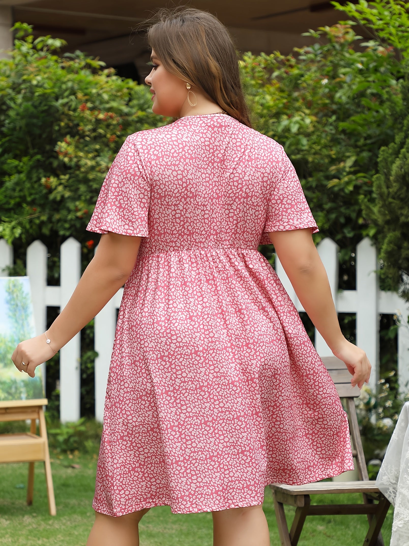 Casual Dress Women's Plus Allover Print Short Sleeve Midi Dress