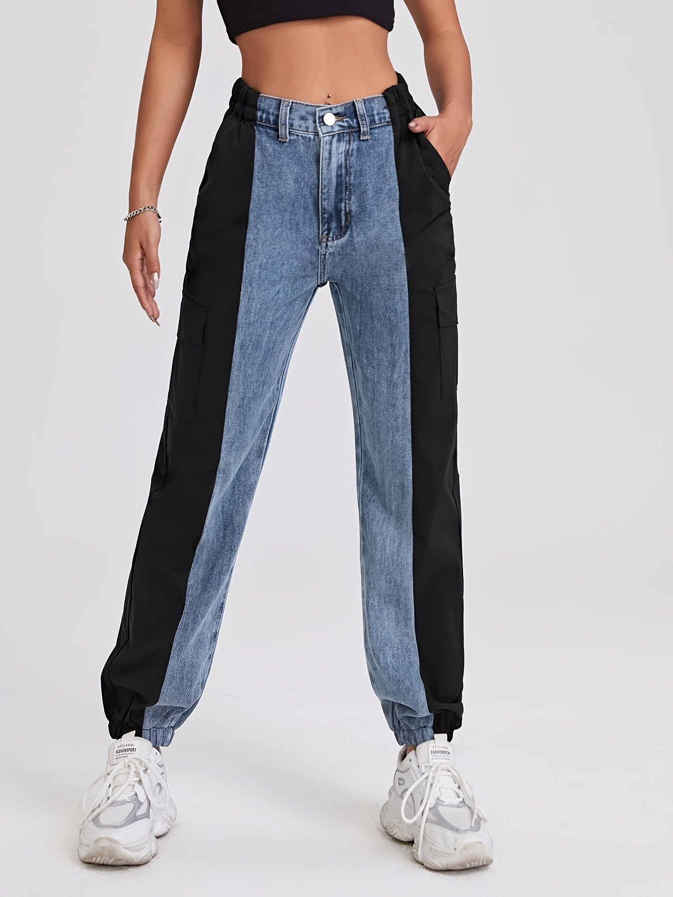 Colorblock High Waist Straight Jeans Flap Pockets Loose Fit