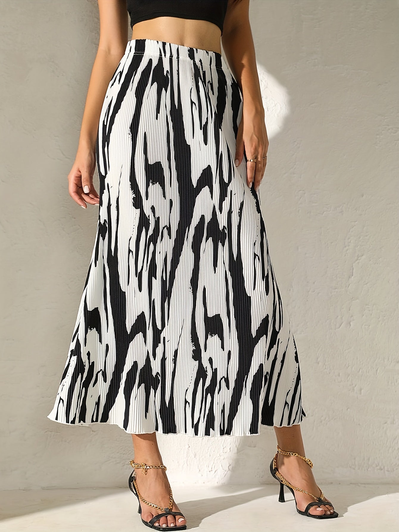 Abstract Print High Waist Midi Skirt