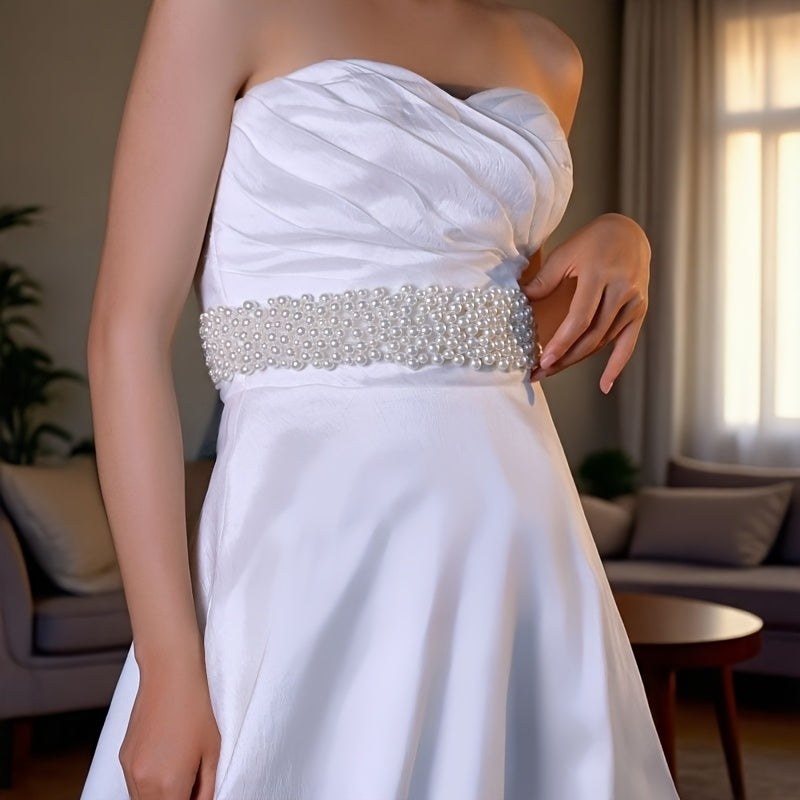 Romantic Bridal Belt with Faux Pearl Accents Soft Nylon Veil