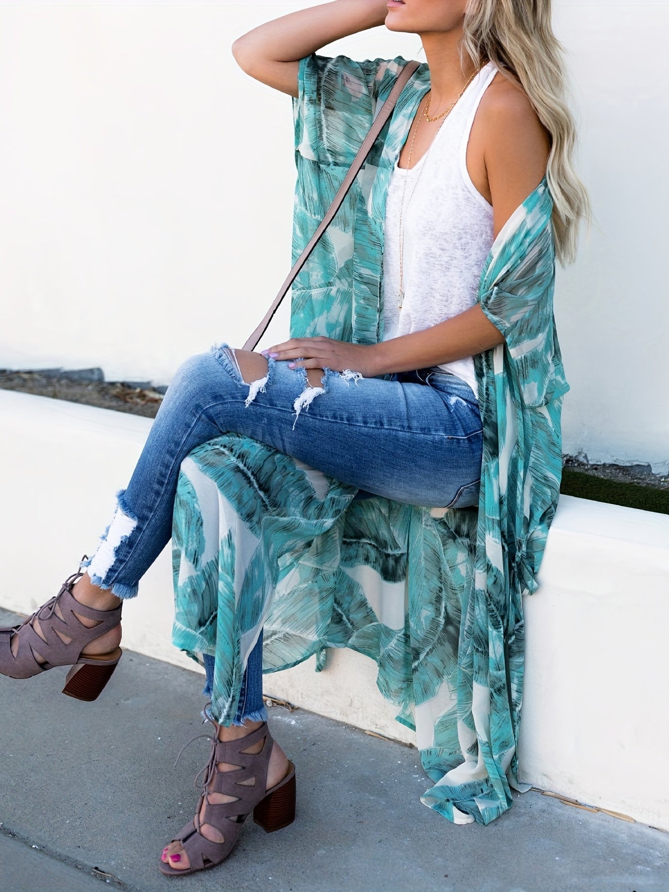 Leaf Print V Neck Cover Up Shirt Half Sleeves Loose Fit Kimono