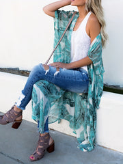 Leaf Print V Neck Cover Up Shirt Half Sleeves Loose Fit Kimono