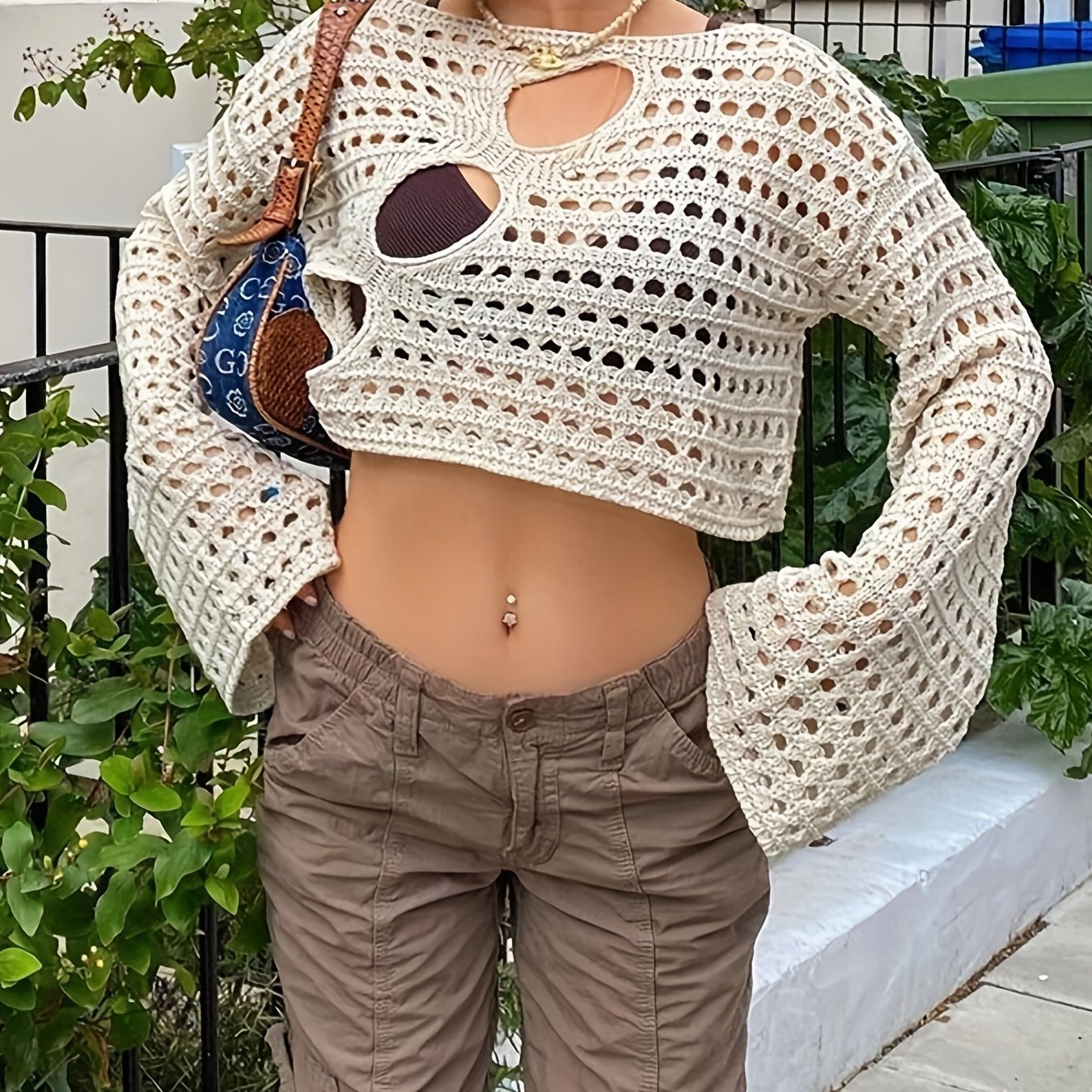 Y2K Crochet Crop Top Long Sleeve Solid Casual Top Women