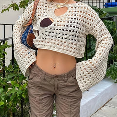 Y2K Crochet Crop Top Long Sleeve Solid Casual Top Women