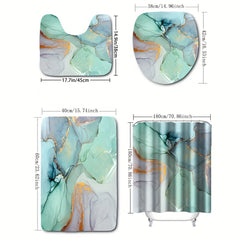 Green Marble Shower Curtain Set with Non Slip Mat and Toilet Cover