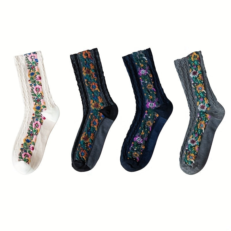 Floral Print Mid Tube Socks Retro Ethnic Style Women's Stockings