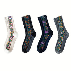 Floral Print Mid Tube Socks Retro Ethnic Style Women's Stockings