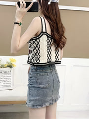 Flower Embroidered Crop Tank Top Casual Beach Wear Contrast Trim Tank Top