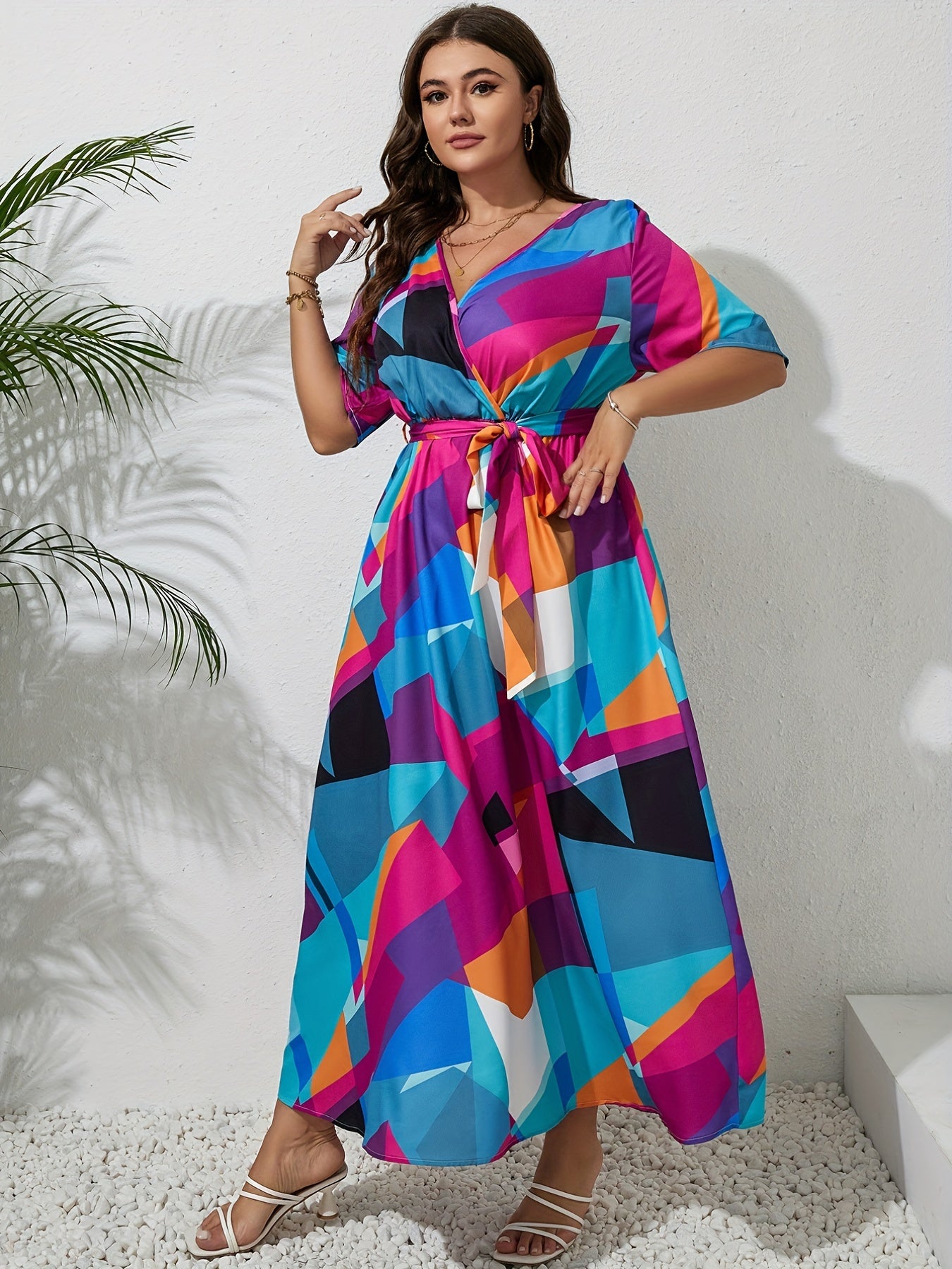 Casual Colorblock Geometric Print Maxi Dress With Belt