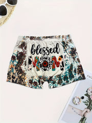 Sunflower & Art Letter Print High Rise Stretch Shorts
