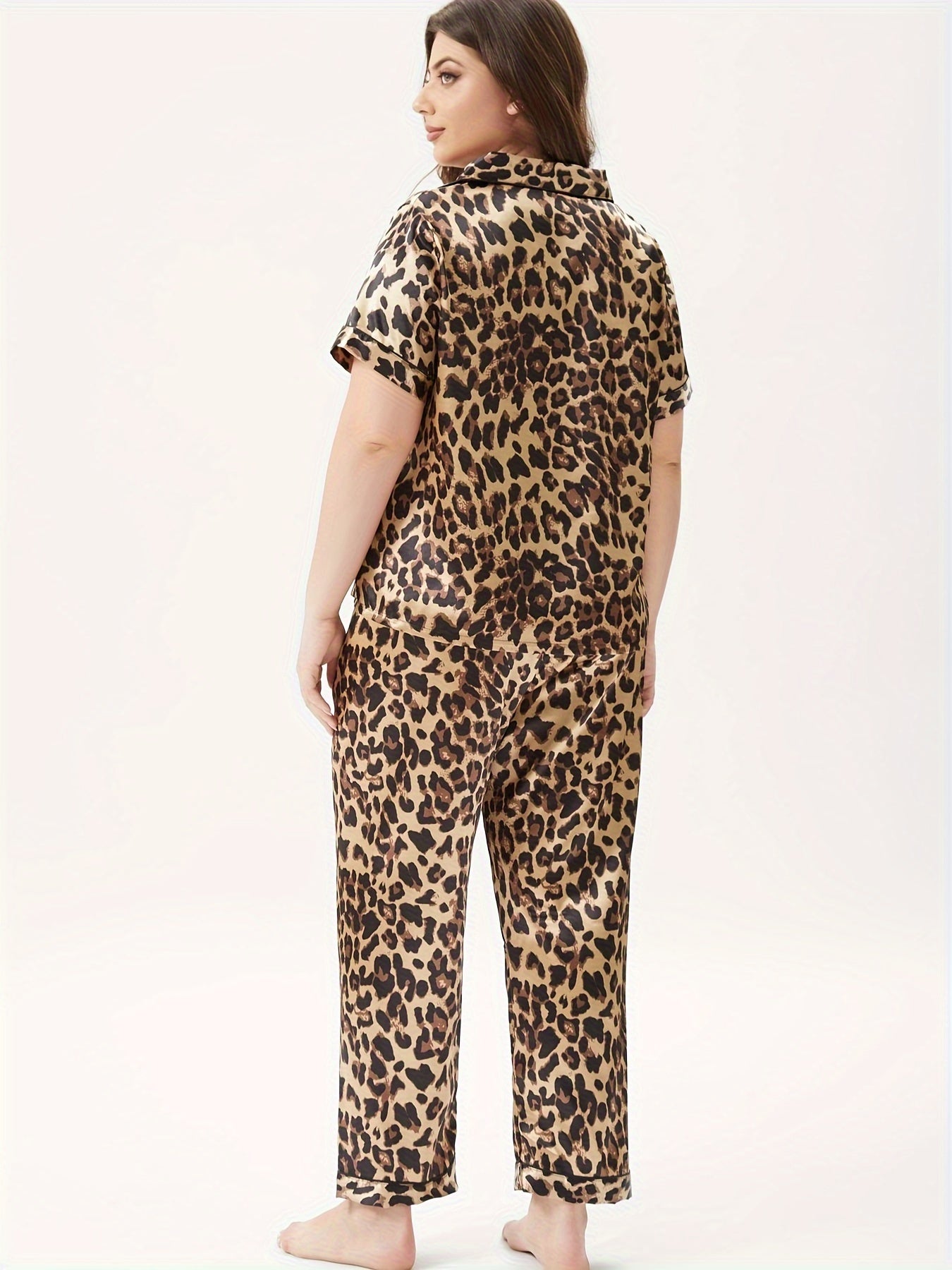 Women's Plus Leopard Print Silk Pajama Set