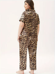 Women's Plus Leopard Print Silk Pajama Set