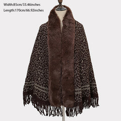 Leopard Print Dark Shawl Blanket Scarf Fur Collar Cashmere Winter Warm Tassel