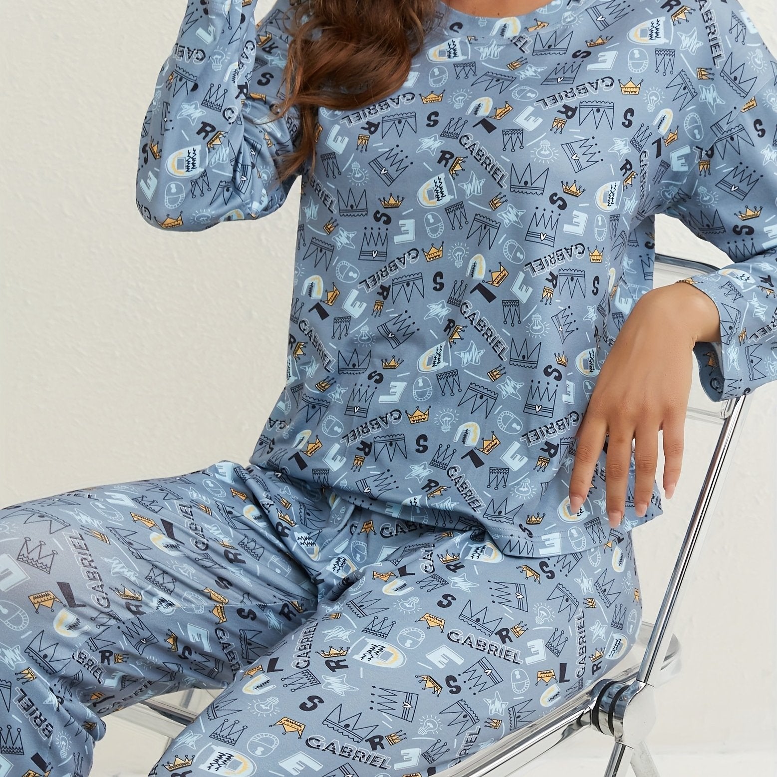 Crown Print Pajamas Set Long Sleeve Top & Pants Sleepwear Women