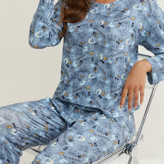 Crown Print Pajamas Set Long Sleeve Top & Pants Sleepwear Women