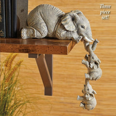 3Pcs Elephant Sitter Figurines Mother 2 Babies Hanging Off Edge