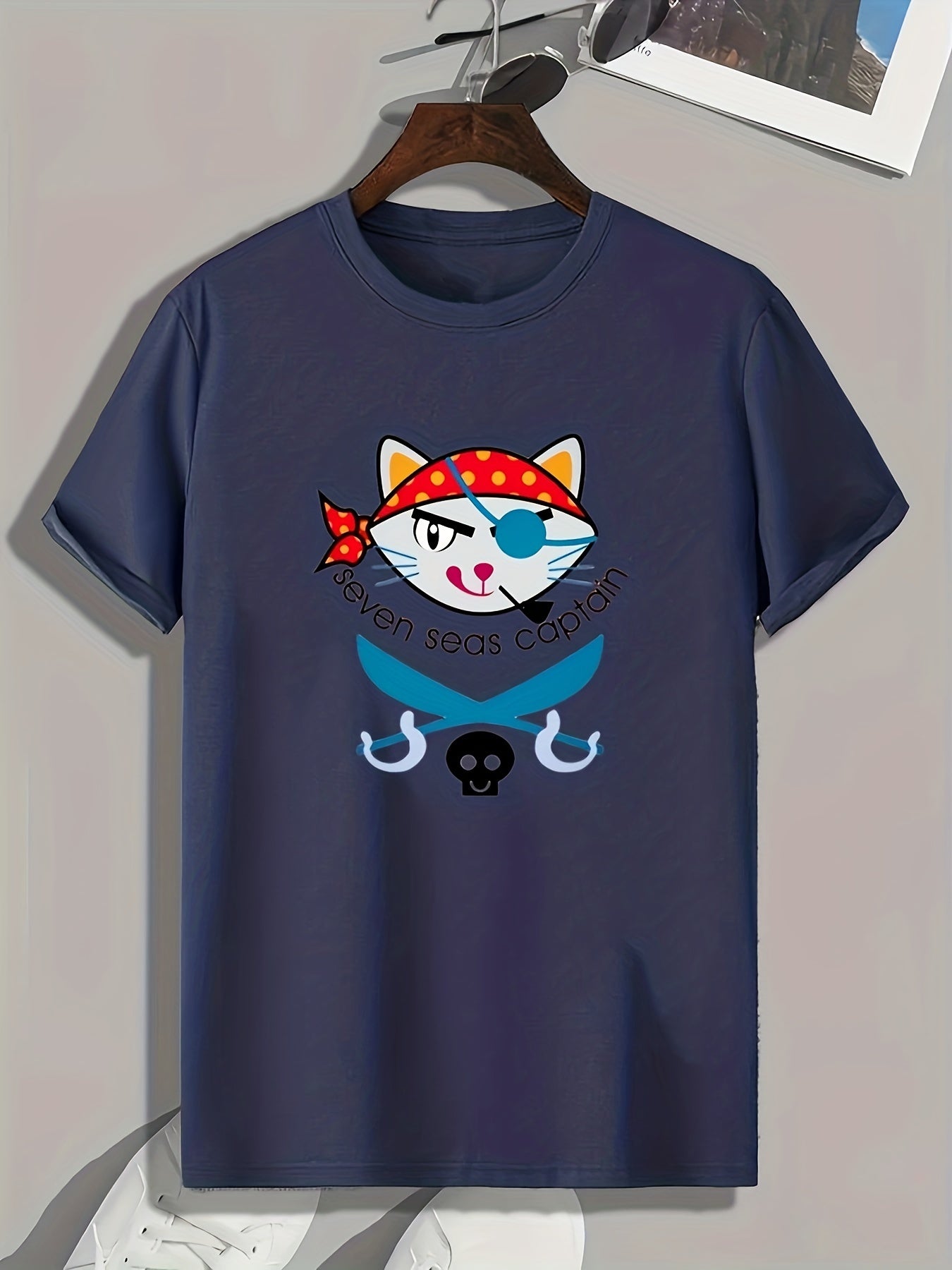 Pirate Cat Pattern Print Men's Comfy Sports T-shirt Graphic Tee