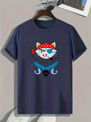 Pirate Cat Pattern Print Men's Comfy Sports T-shirt Graphic Tee