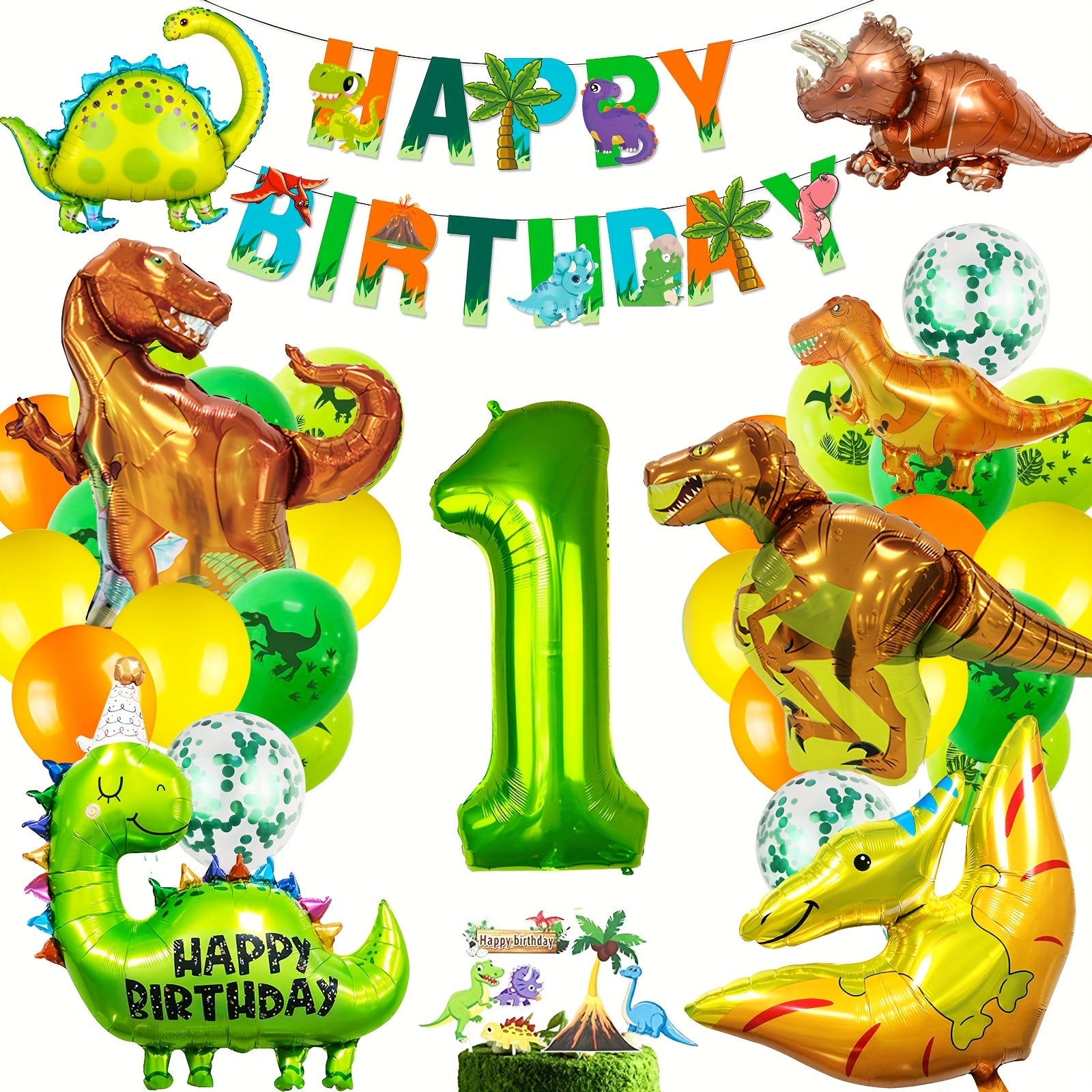 Dino 1-5 Birthday Decor Set: Foil Balloons, Green Balloons, Photo
