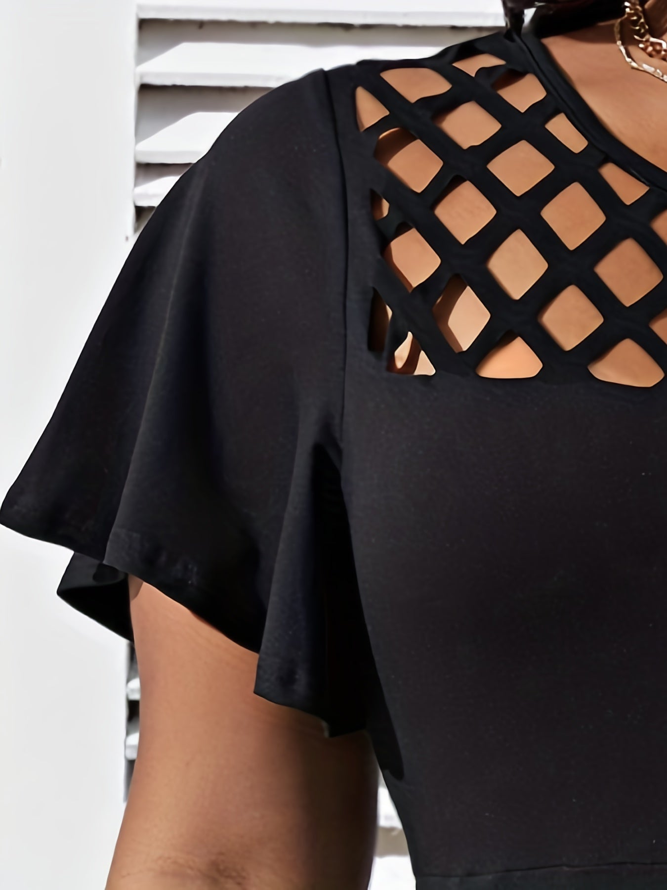 Solid Hollow Out Ruffle Sleeve Dress