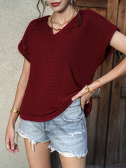 Waffle Knit V Neck Blouse Casual Short Sleeve Blouse