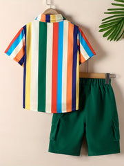 2pcs Boys Teen Casual Striped Shirt & Shorts Set for Summer