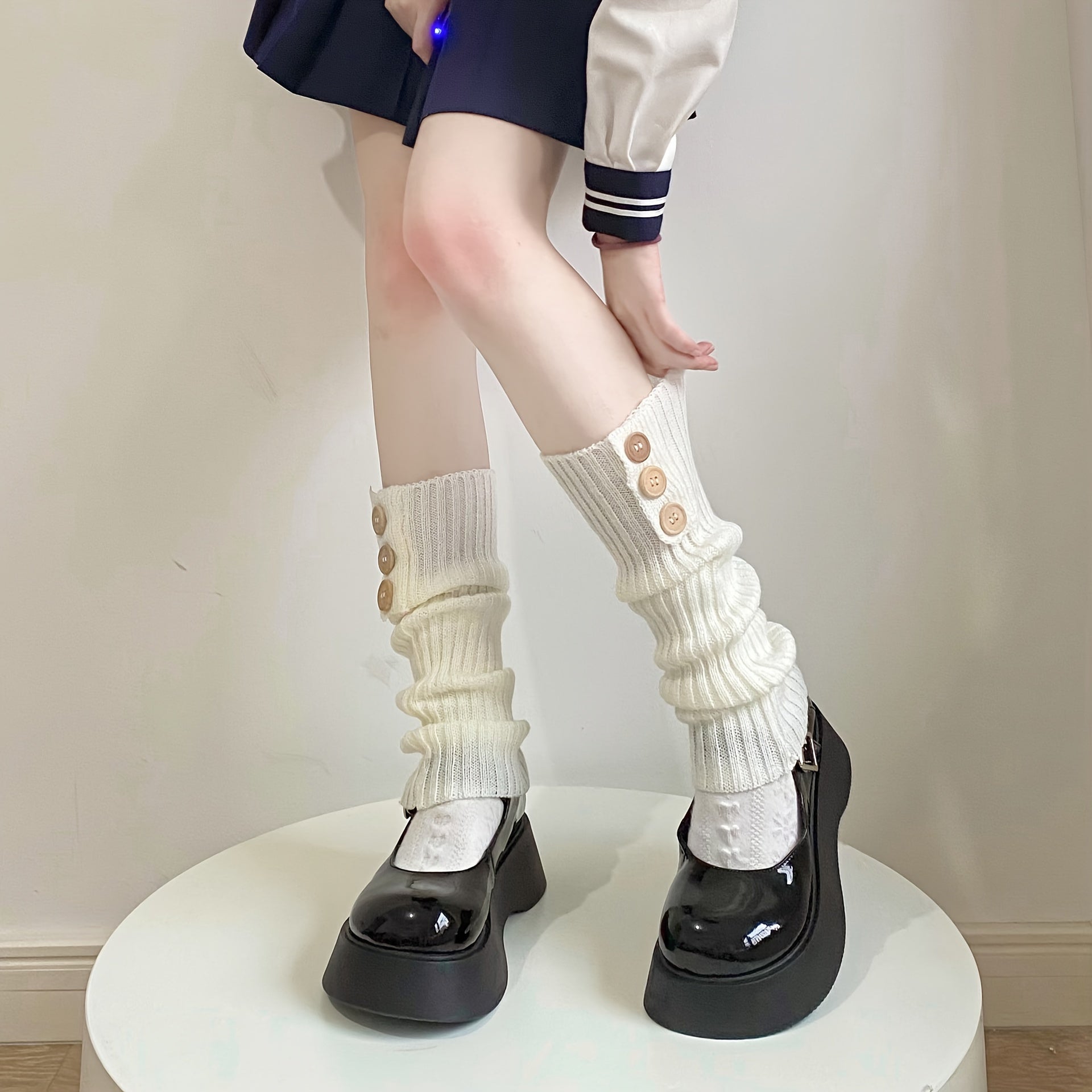 Ribbed Leg Warmers Buttons Decor Socks Women's Stockings