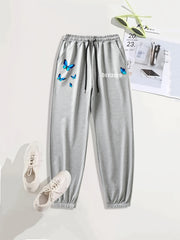 Butterfly Print Casual Sports Pants with Side Pockets