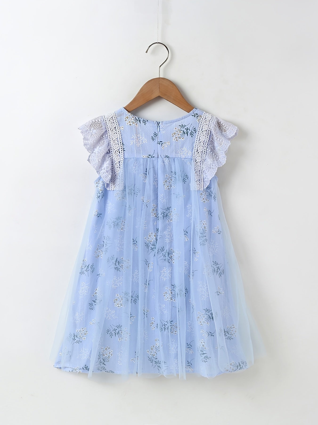 Girls Lace Ruffled Sleeves Floral Print Princess Dress