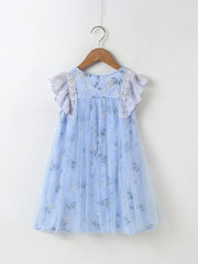 Girls Lace Ruffled Sleeves Floral Print Princess Dress