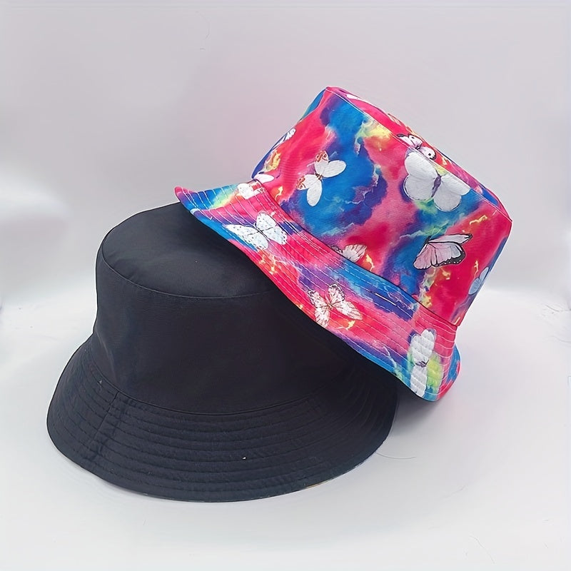 Colorful Butterfly Print Bucket Hat Rose Red Tie Dye Sunscreen Fisherman Cap