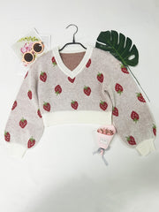 Girls Strawberry Jacquard Sweater Cropped Length