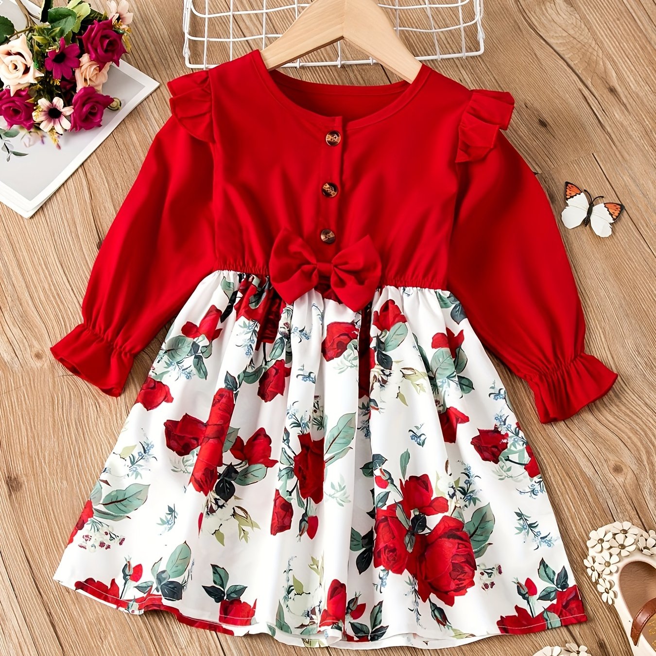 Floral Button Bow Ruffle Trim Princess Dress for Spring