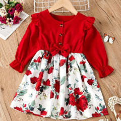 Floral Button Bow Ruffle Trim Princess Dress for Spring