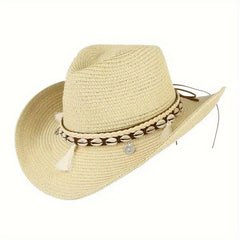 Breathable Sunshade Cowboy Hat with Seashells & Tassel Belts