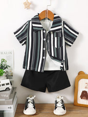 2pcs Baby Boys Striped Short Sleeve Shirt & Shorts Set For Summer