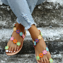 Women's Colorful Flower Flat Sandals Tribal Style Toe Loop Slip On Shoes