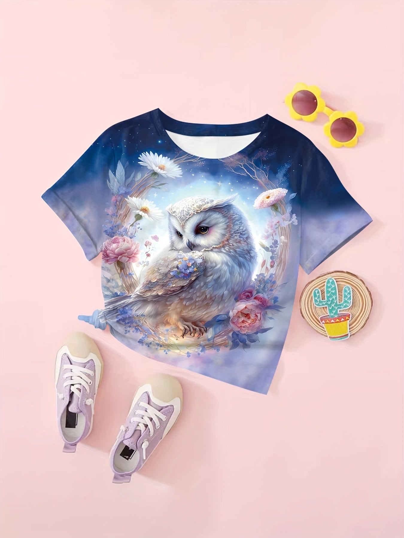 Girls Dreamy Owl & Flower Graphic Short Sleeve T shirt - Summer Clothes