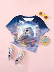 Girls Dreamy Owl & Flower Graphic Short Sleeve T shirt - Summer Clothes