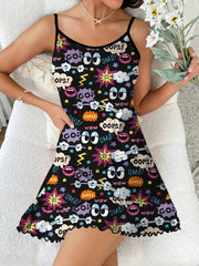 Cartoon Graffiti Print Nightdress Ruffle Slip Sleep Dress Women's Sleepwear