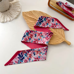 Pink Tie Dye Flower Skinny Scarf Long Ribbon Neckerchief Satin Twilly Scarf