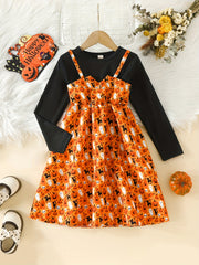 Girls' Halloween Ghosts Long Sleeve Dress