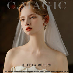 Vintage Double Layer Bridal Veil with Pearl Accents Short Length Yarn Material